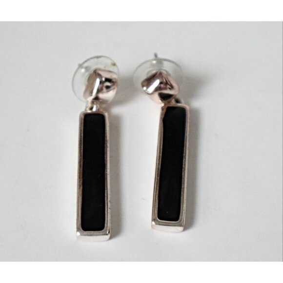 Vintage Pierced Earrings Dangle Black Onyx with Silver Toned Metal - Picture 2 of 4